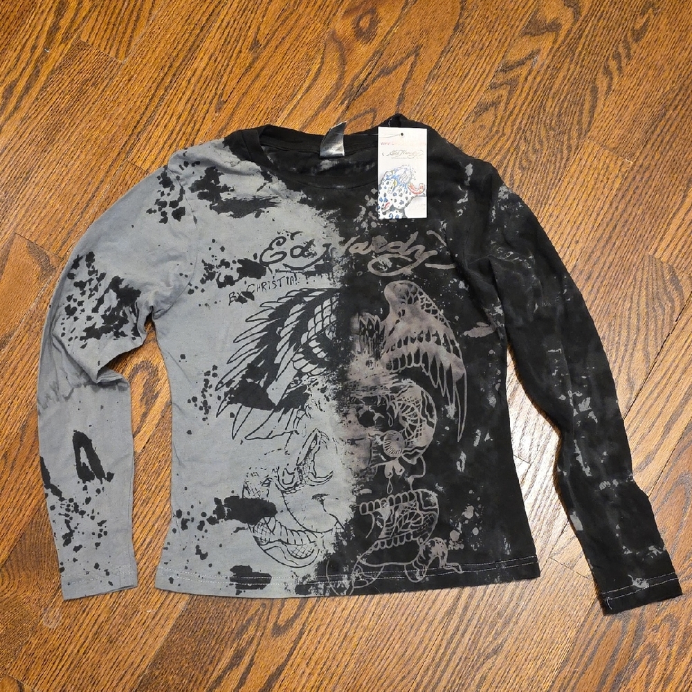 Ed Hardy Christian Audigier Kids Graphic Long Sleeve Shirt Gray Black Size 8 NWT